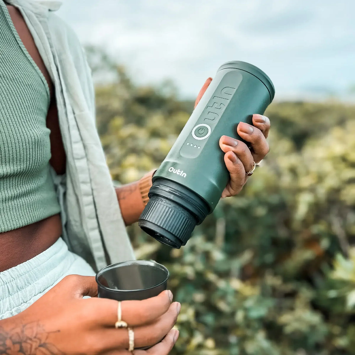 OutIn Nano Portable Electric Espresso Machine - Forest Green, 20-Bar Self-Heating (12V/USB-C)