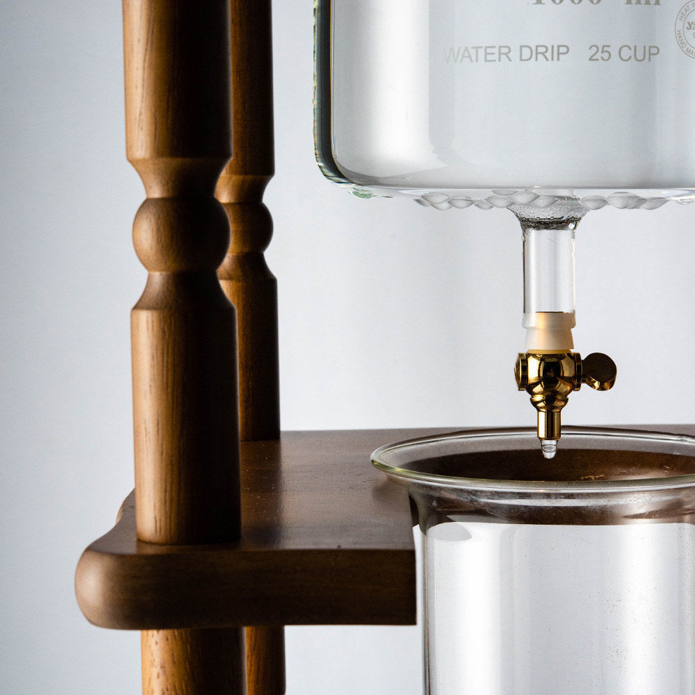 Yama Glass Cold Brew Tower – Curved Brown Wood Frame – 25 Cup (100 oz) Espresso Parts