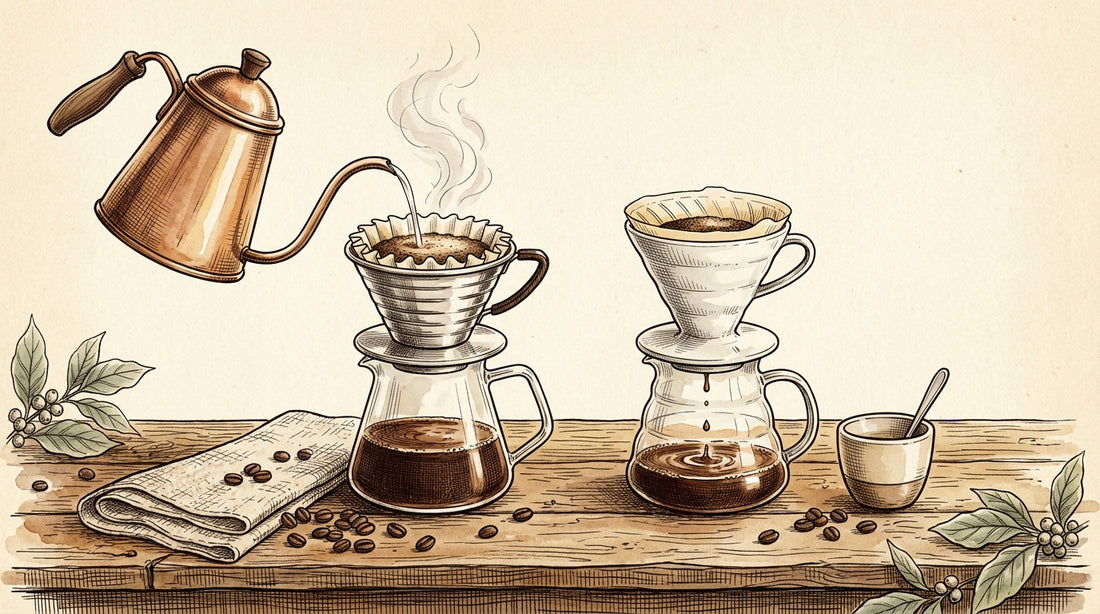 Kalita Wave and Hario V60 pour-over drippers side-by-side with a gooseneck kettle in an ink pen and watercolor illustration