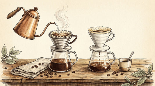 Kalita Wave and Hario V60 pour-over drippers side-by-side with a gooseneck kettle in an ink pen and watercolor illustration