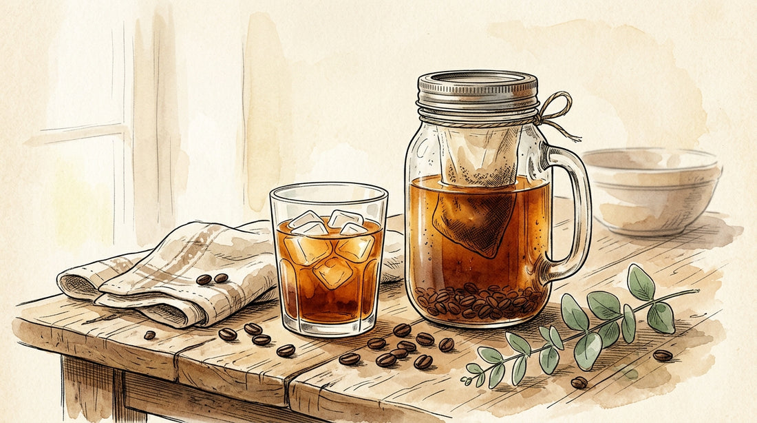 Overnight steeping cold brew coffee with A Midsummer Night's Blend in an ink pen and watercolor illustration