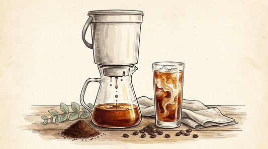 Toddy Home Cold Brew System filtering coffee into a glass decanter alongside an iced glass with swirling oat milk in an ink pen and watercolor illustration