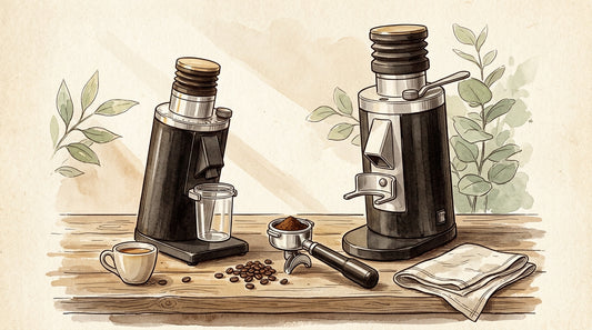 Turin DF54 and Turin DF64 Gen 2.5 single-dose flat-burr espresso grinders side-by-side on an espresso bar in an ink pen and watercolor illustration