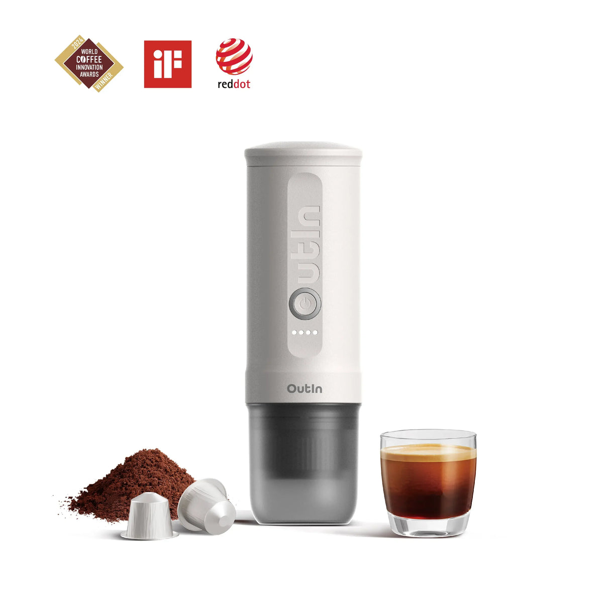 OutIn Nano Portable Electric Espresso Machine - Pearl White, 20-Bar Self-Heating (12V/USB-C)