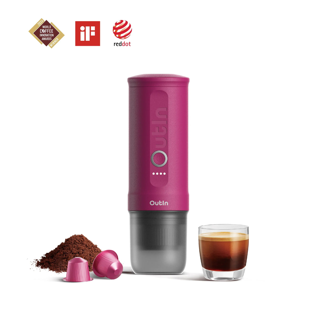 OutIn Nano Portable Electric Espresso Machine - Fuchsia Pink, 20-Bar Self-Heating (12V/USB-C)