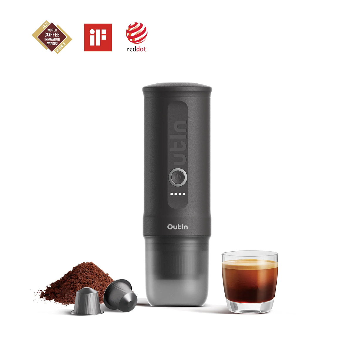 OutIn Nano Portable Electric Espresso Machine - Space Grey, 20-Bar Self-Heating (12V/USB-C)