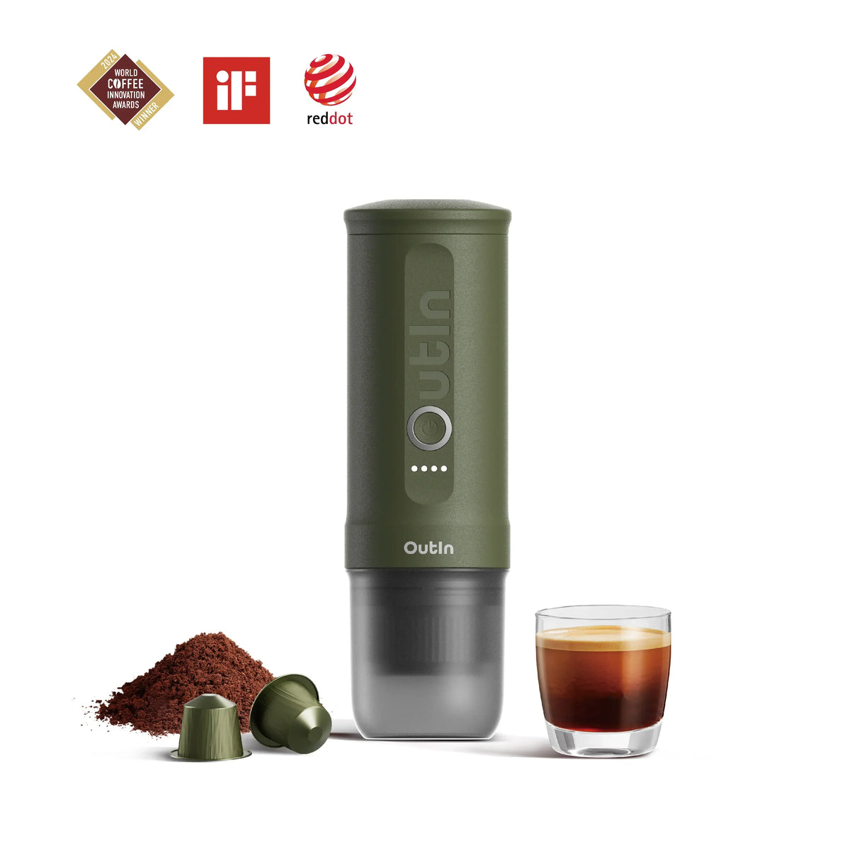 OutIn Nano Portable Electric Espresso Machine - Forest Green, 20-Bar Self-Heating (12V/USB-C)