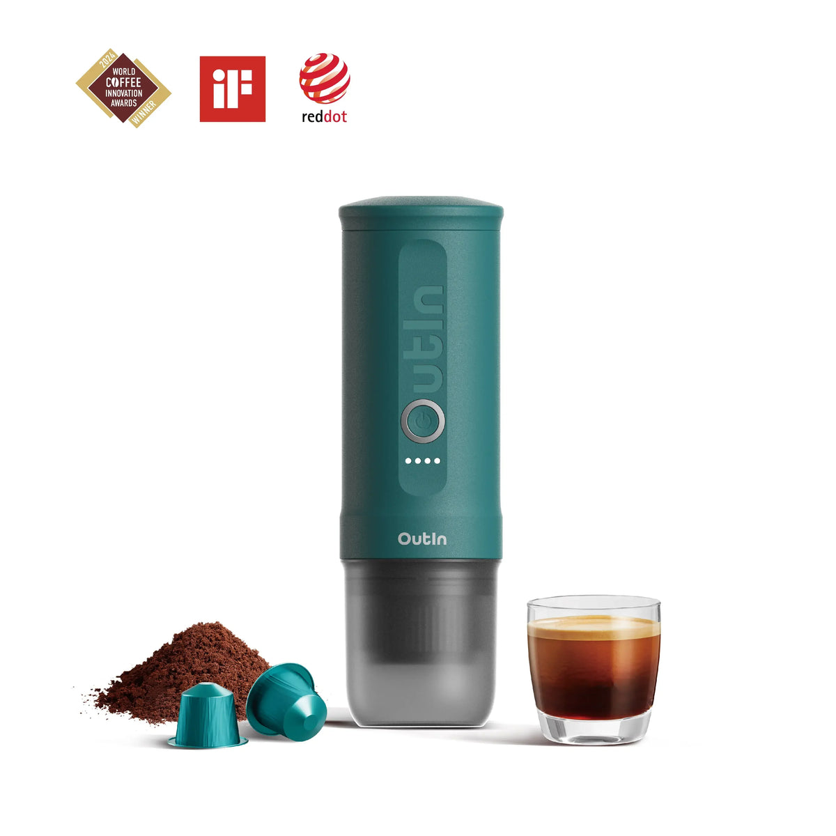 OutIn Nano Portable Electric Espresso Machine - OutIn Teal, 20-Bar Self-Heating (12V/USB-C)