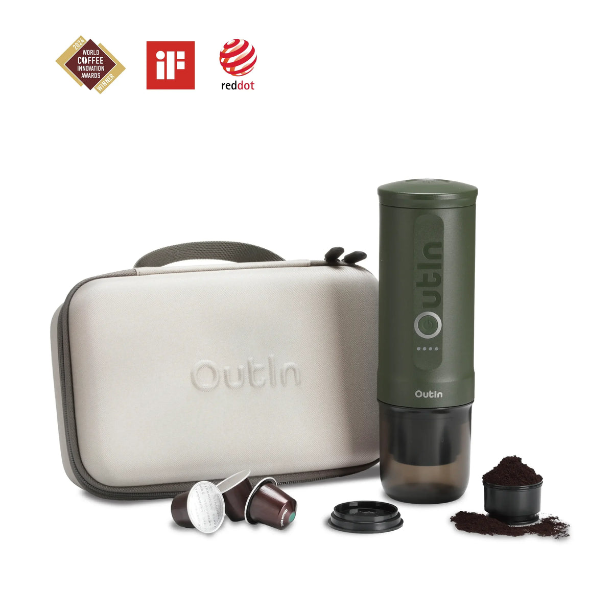 OutIn Nano Traveler Espresso Gift Set - Forest Green Machine with Custom Protective Travel Case