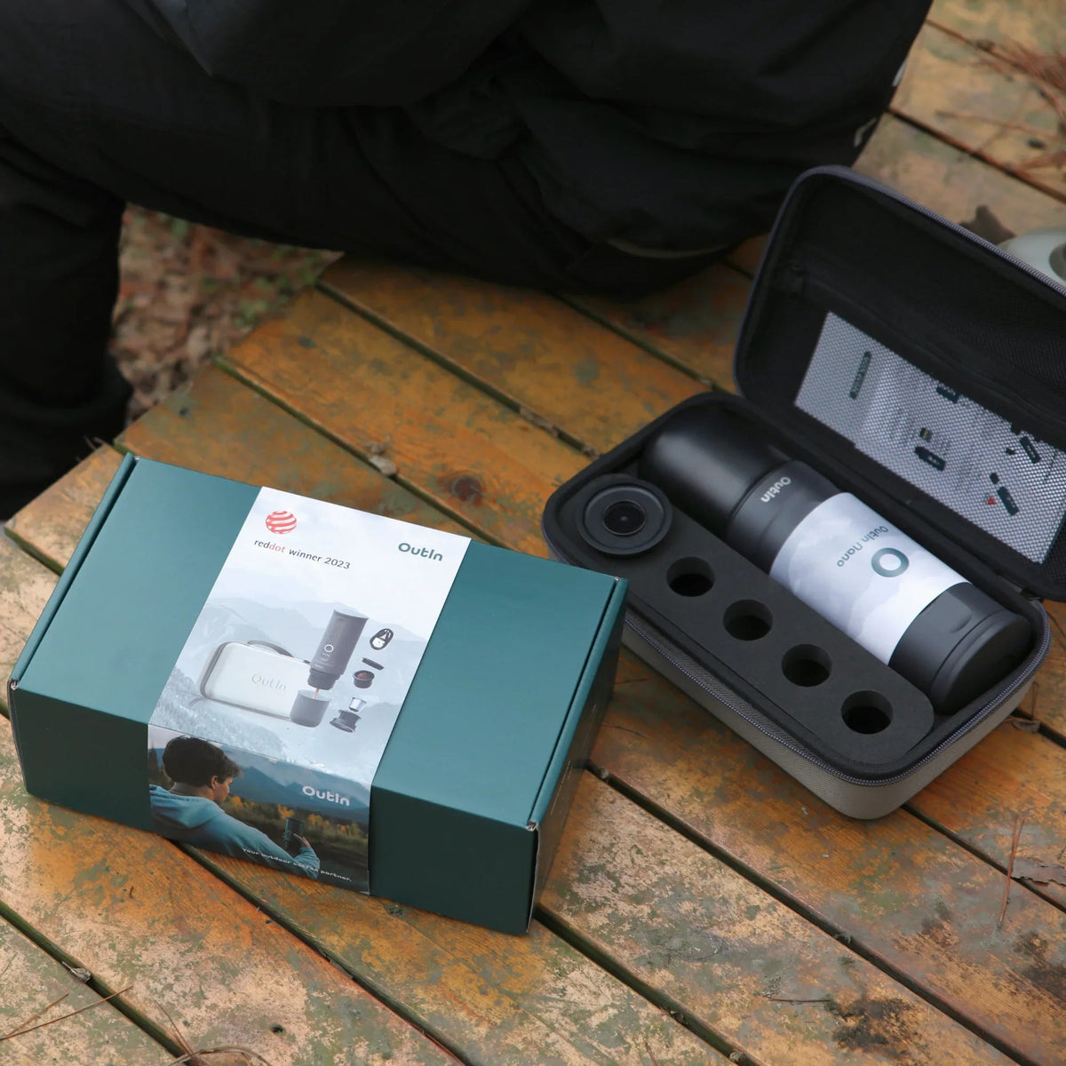 OutIn Nano Traveler Espresso Gift Set - Space Grey Machine with Custom Protective Travel Case