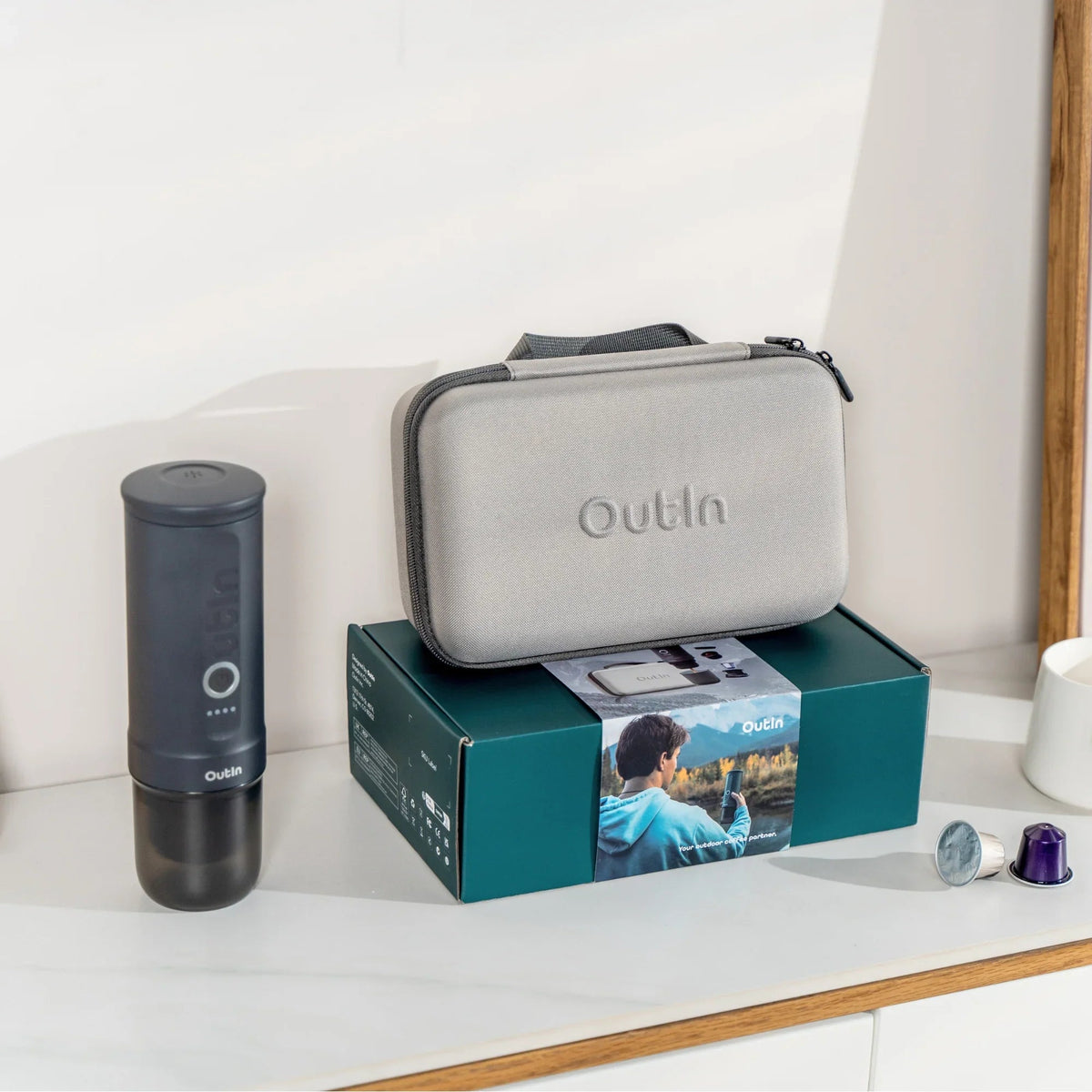 OutIn Nano Traveler Espresso Gift Set - Space Grey Machine with Custom Protective Travel Case