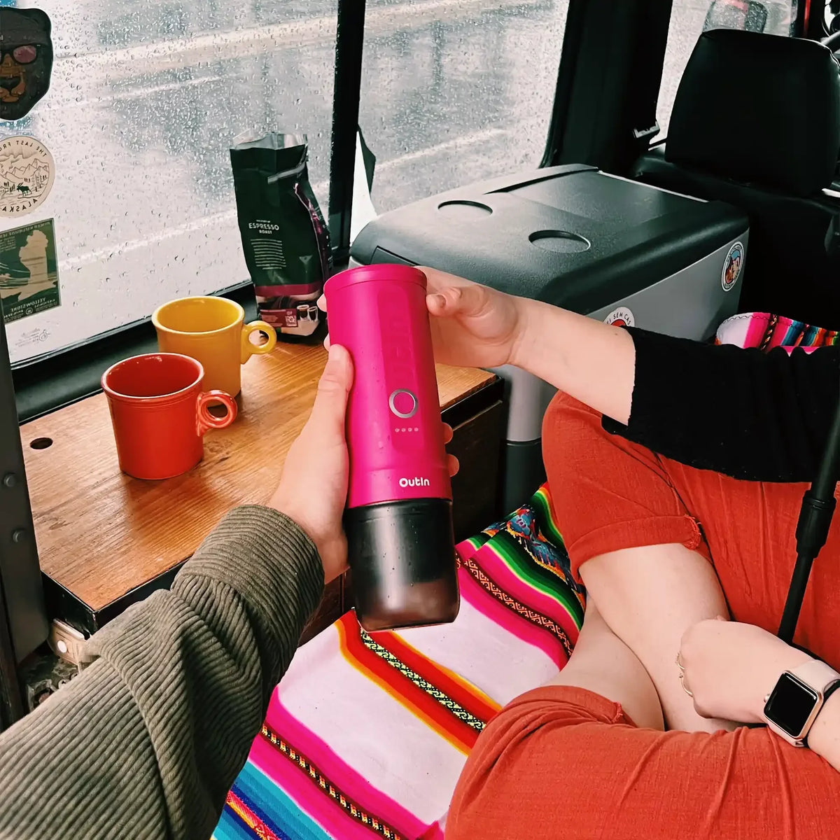 OutIn Nano Portable Electric Espresso Machine - Fuchsia Pink, 20-Bar Self-Heating (12V/USB-C)