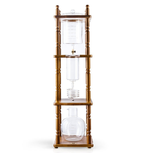 Yama Glass Cold Brew Tower – Curved Brown Wood Frame – 25 Cup (100 oz) Espresso Parts