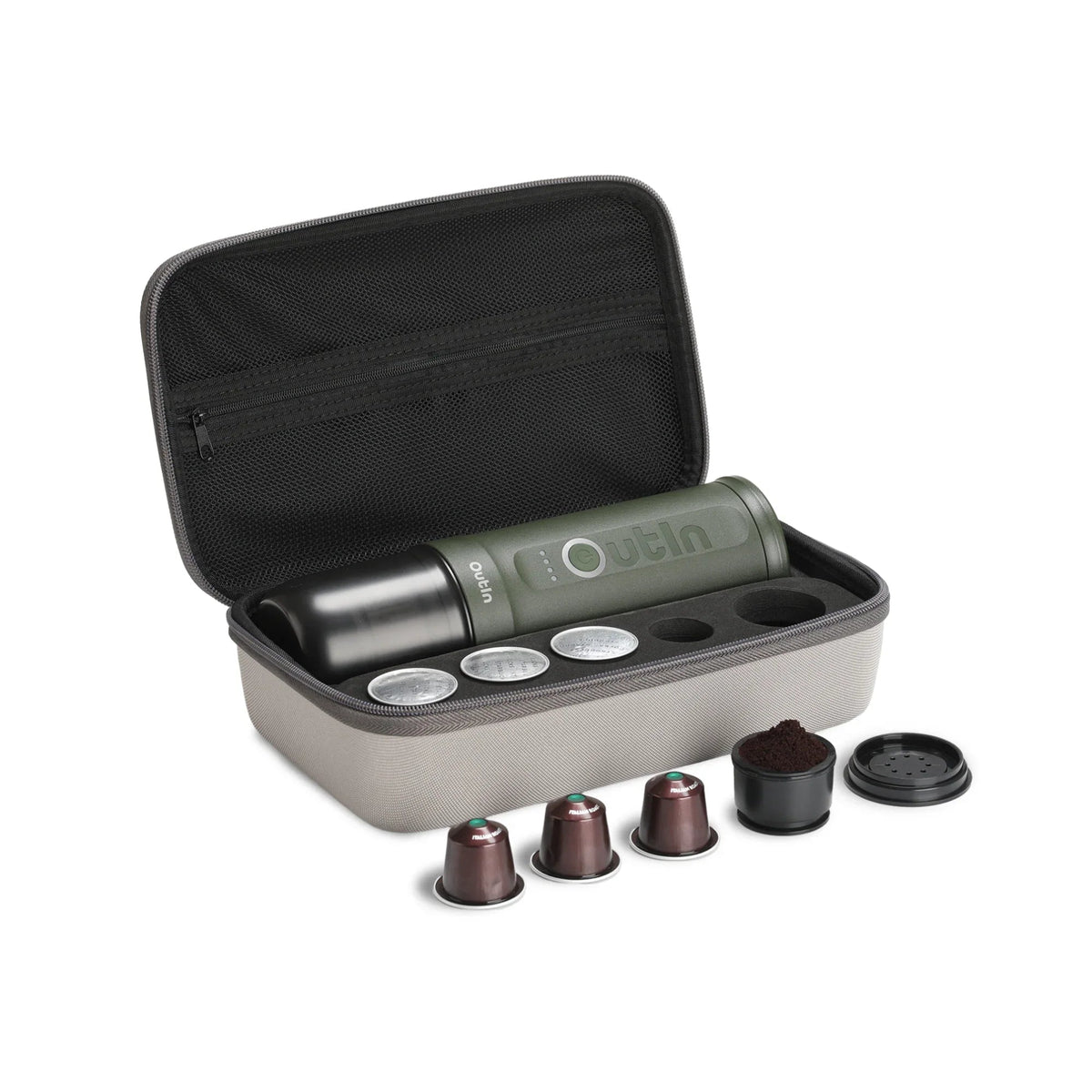 OutIn Nano Traveler Espresso Gift Set - Forest Green Machine with Custom Protective Travel Case