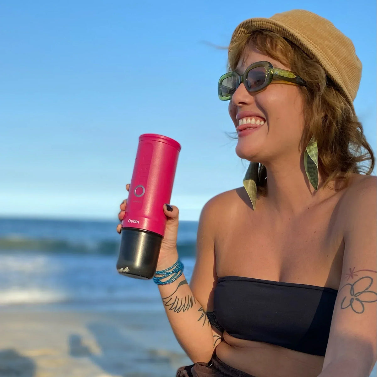 OutIn Nano Portable Electric Espresso Machine - Fuchsia Pink, 20-Bar Self-Heating (12V/USB-C)