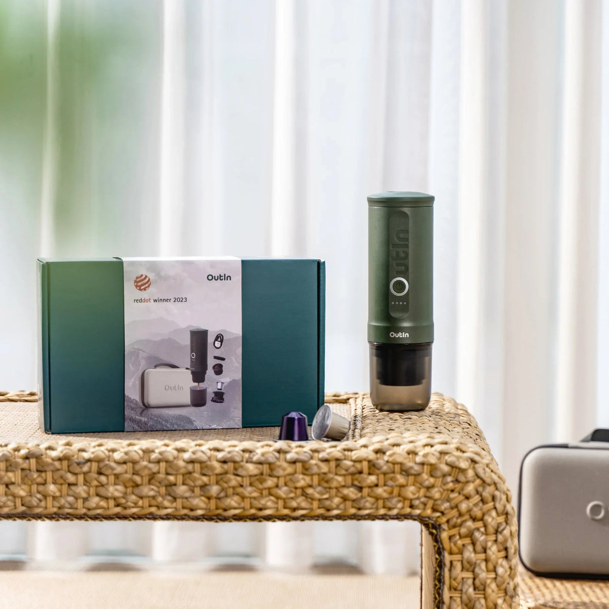 OutIn Nano Traveler Espresso Gift Set - Forest Green Machine with Custom Protective Travel Case