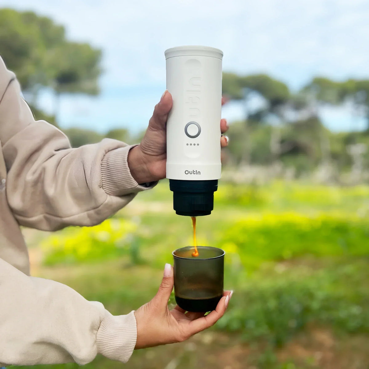 OutIn Nano Portable Electric Espresso Machine - Pearl White, 20-Bar Self-Heating (12V/USB-C)