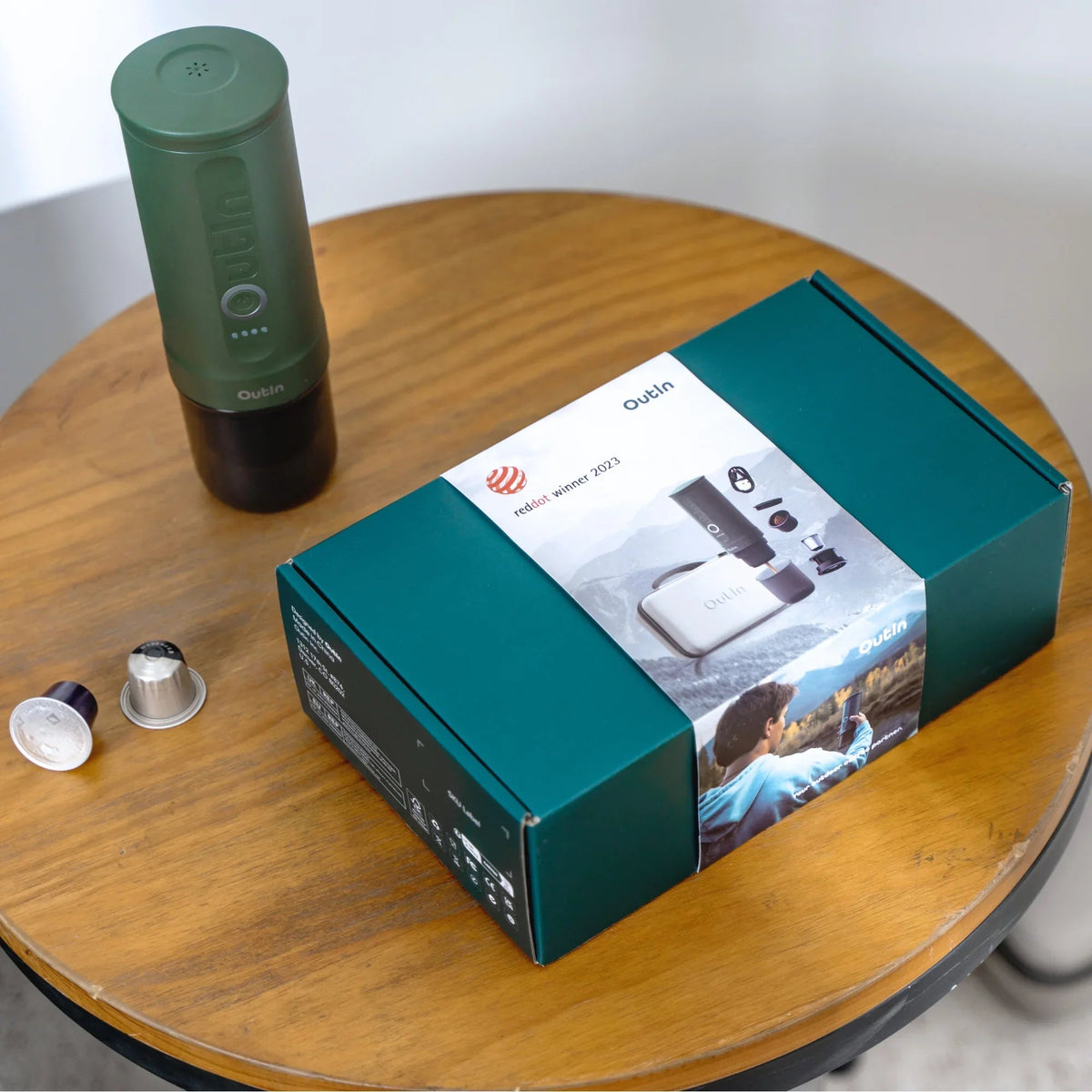 OutIn Nano Traveler Espresso Gift Set - Forest Green Machine with Custom Protective Travel Case