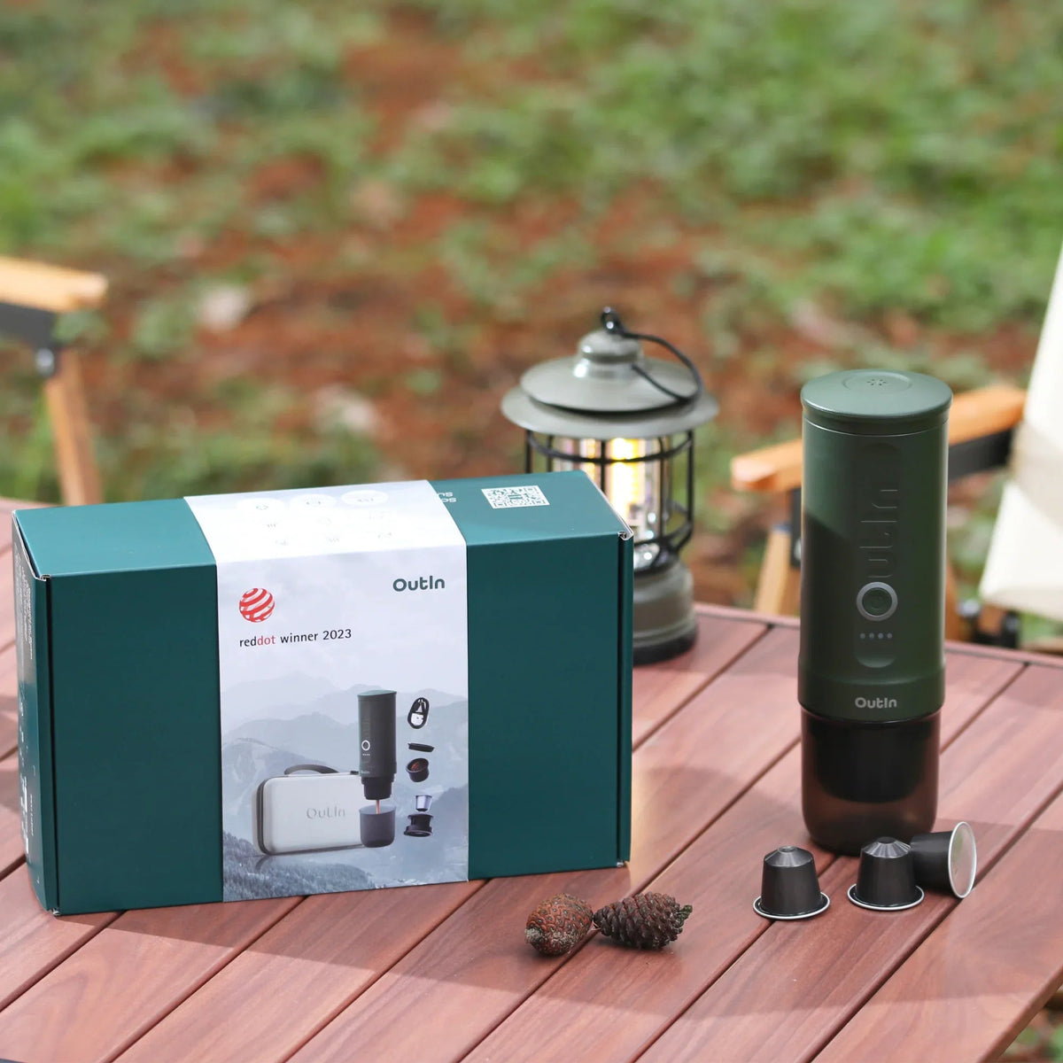 OutIn Nano Traveler Espresso Gift Set - Forest Green Machine with Custom Protective Travel Case
