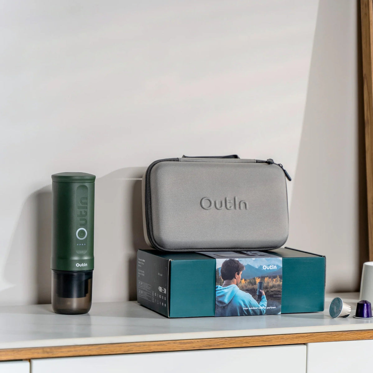 OutIn Nano Traveler Espresso Gift Set - Forest Green Machine with Custom Protective Travel Case