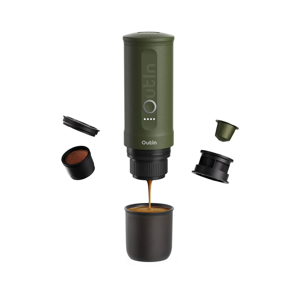 OutIn Nano Portable Electric Espresso Machine - Forest Green, 20-Bar Self-Heating (12V/USB-C)
