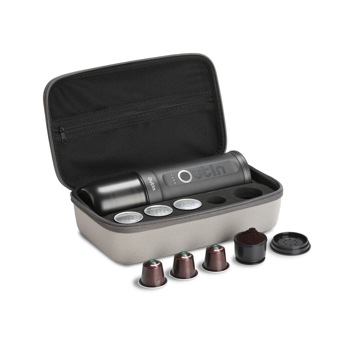 OutIn Nano Traveler Espresso Gift Set - Space Grey Machine with Custom Protective Travel Case