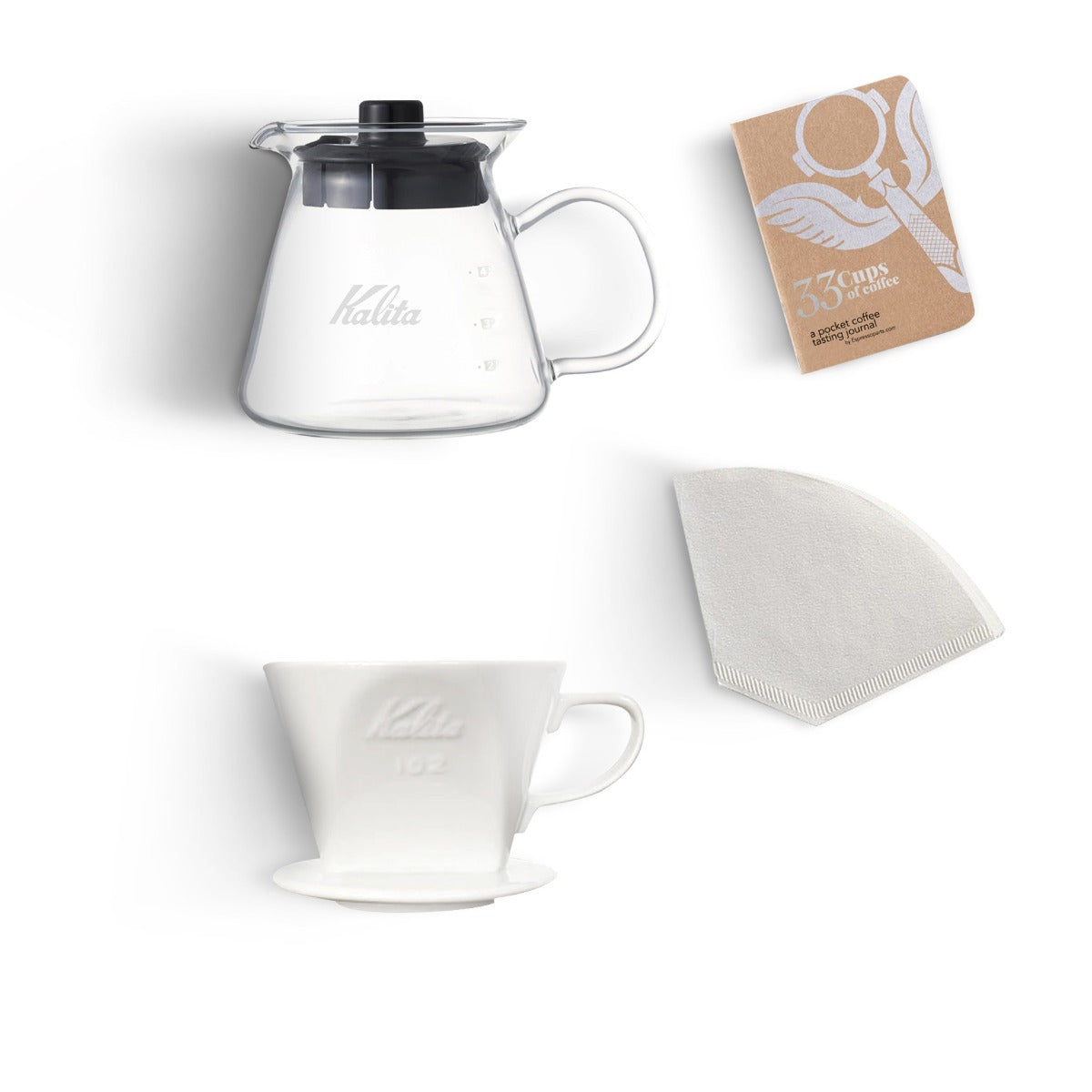 Kalita 102 Expression Pour-Over Coffee Kit - White Ceramic Dripper, 500ml Server & Filters