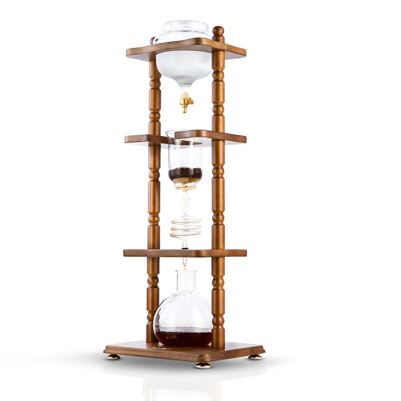 Yama Glass Cold Brew Tower – Curved Brown Wood Frame – 6–8 Cup (32 oz) Espresso Parts