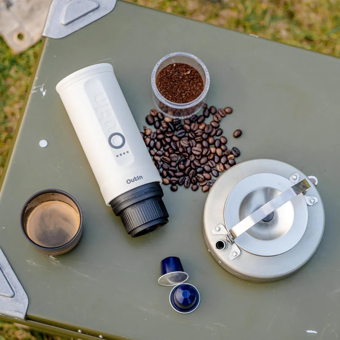OutIn Nano Portable Electric Espresso Machine - Pearl White, 20-Bar Self-Heating (12V/USB-C)