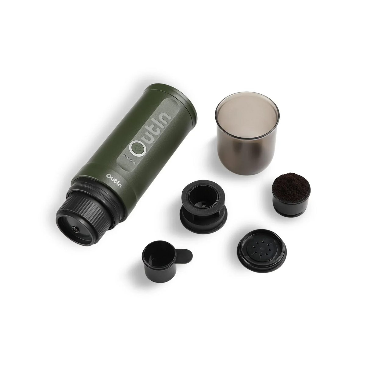 OutIn Nano Portable Electric Espresso Machine - Forest Green, 20-Bar Self-Heating (12V/USB-C)