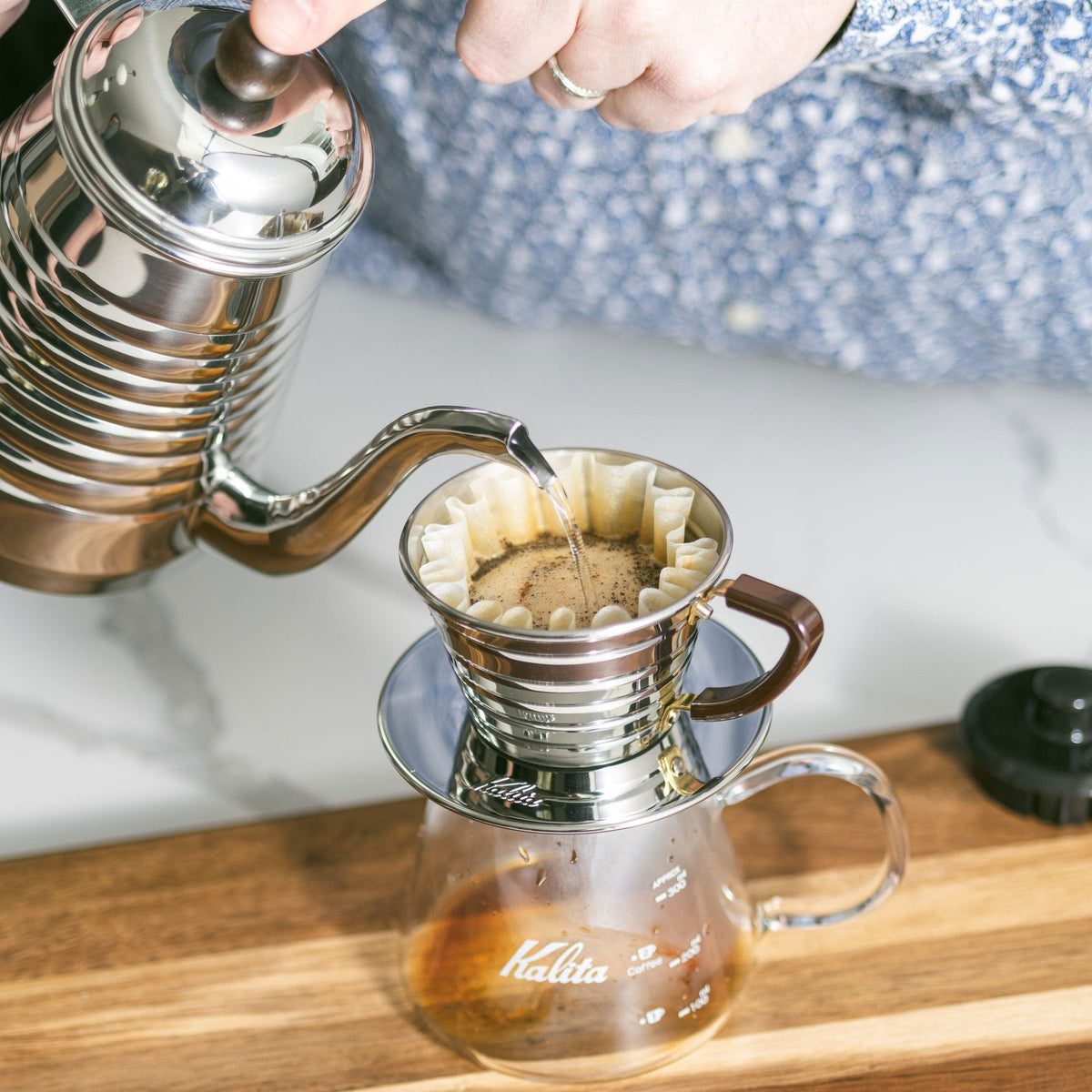 Kalita Wave 155 Stainless Steel Pour-Over Coffee Dripper - Flat-Bottom 3-Hole Brewer (1-2 Cups)