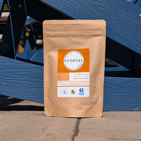 Brewtay tea package on a blue wooden background