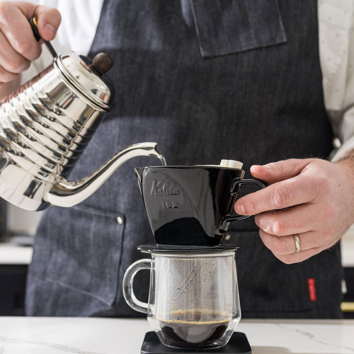 Kalita Style 102 Ceramic Pour-Over Coffee Dripper - Black, 3-Hole Wedge Cone (2-4 Cups)